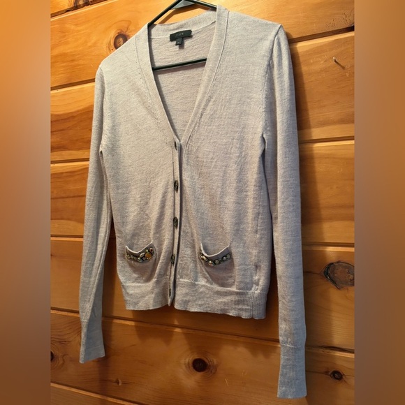 J.Crew Embellished Jewel Grey Cardigan 100% Merino Wool. Women’s size Medium. - Picture 2 of 12
